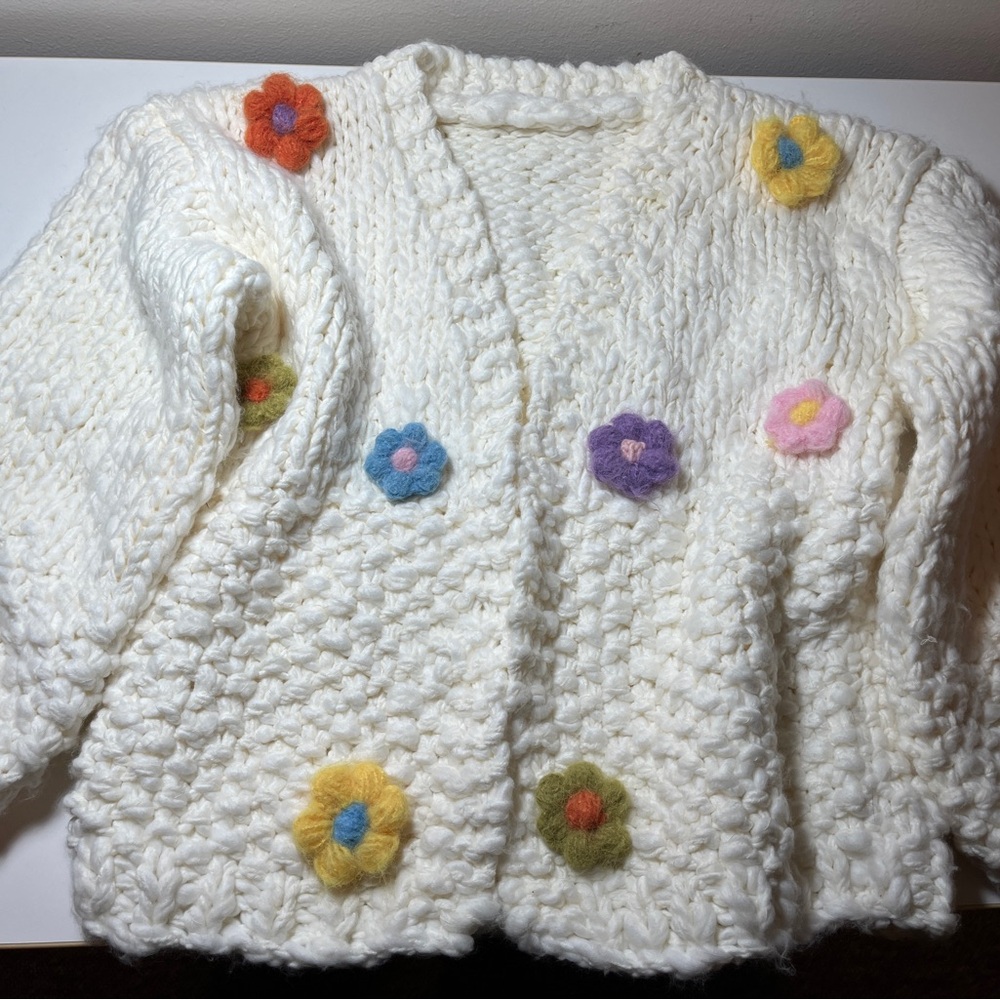 Handmade White Knit Cardigan with Colorful Flowers